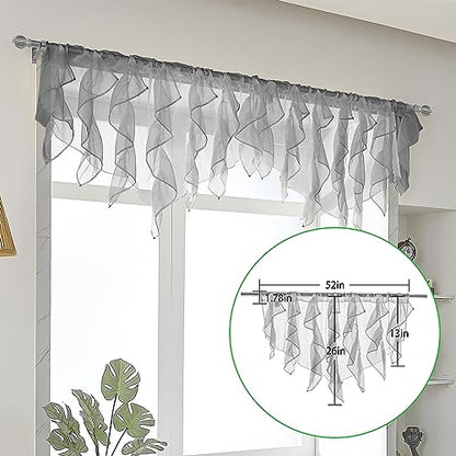 PearAge Ruffled Voile Semi Sheer Curtain Valance, Kitchen Living Room Shabby Chic Ruffle Valance Curtains, Girls Daughters Bedroom Cascade Window Valance 52x26 Inches (Grey-Triangle) - color: Grey