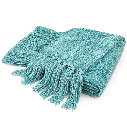 PAVILIA Chenille Throw Blanket Knit Sofa Couch Tassel Throw, Teal 50x60 - color: Teal, size: 50 X 60 Inches - Throw