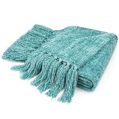 PAVILIA Chenille Throw Blanket, Knit Twin Size Tassel Throw, Teal 60x80 - color: Teal, size: 60 X 80 Inches - Twin