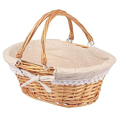 Wicker Basket with Handle, 14.2 x 11 x 6.7 Inch Wicker Picnic Baskets with Liner, Oval Willow Woven Basket for Fruit, Wine, Gathering, Wedding, Picnic,by GNIEMCKIN - size: 1 PCS Large natural color