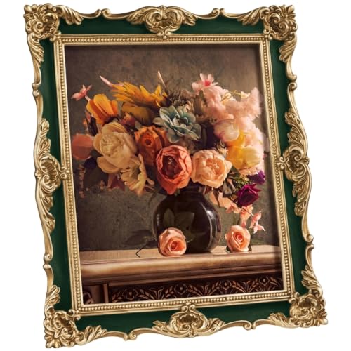 eletecpro 8x10 Vintage Picture Frame with Real Glass Cover, Green, 1-Pack | Tabletop or Wall Decor, Horizontal and Vertical Display, Carved Resin Frame & Velvet Backing, Easy Photo Changing - color: Green, size: 8x10