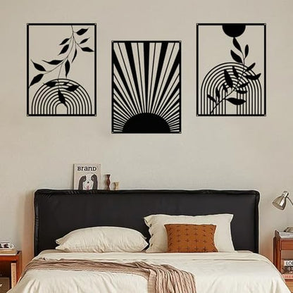 YIYA 3 Pieces Black Metal Wall Decor Black Modern Geometric Wall Decor Hanging Minimalist Line Wall Art for Bedroom Living Room Bathroom Balcony Gallery - style: Round and Leaf