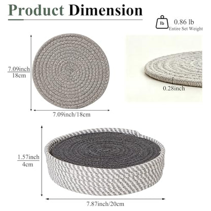 Gray Cotton Placemats Set of 4, 7 Inch Round Mats with Basket