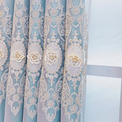 Amidoudou 1 Pair European Double Layer Curtains with Valance for Living Room Bedroom Luxury 3D Flower Embroidered Curtains (Blue,51x90 Inch) - color: Blue, size: 51"W x 90"L (Pack of 2)