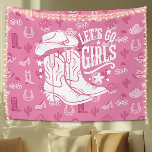 STHTTSW Pink Cowgirl Tapestry, Pink Coastal Let' s Go Girls Tapestries Wall Blanket, Preppy Girly Wall Hanging Decor for Teen Girl Women College Dorm Apartment Bedroom, 50x60 Inch - color: Cowgirl - Let' s Go Girls