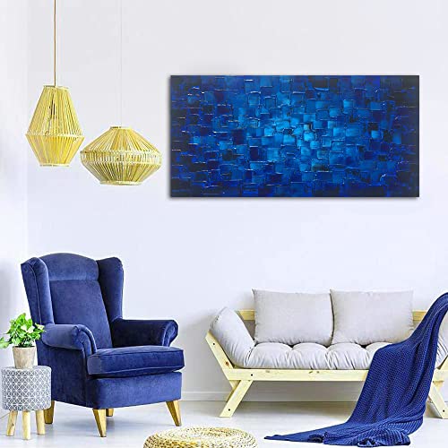 MyArton Large Abstract Dark Blue Square Canvas Wall Art Hand Painted Textured Oil Painting on Canvas Ready To Hang Artwork 56x28inch - color: Blue, size: 56"L x 28"W