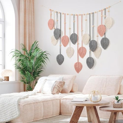 Betylifoy Macrame Wall Hanging Boho Pink Leaves Tapestry Wall Art Decor - color: Pink