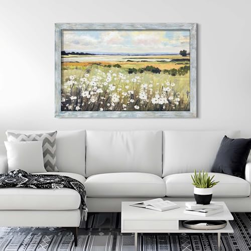 summer melody Landscape Floral Scenery Framed Wood Wall Art 45x30 Inch - color: Green, size: 45"L x 30"W