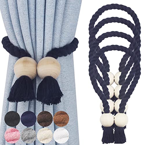 4 Pack Magnetic Curtain Tiebacks Cotton Hand Woven Tie Back Decorative Rope Holdbacks for Curtains Draperies No Tools Required, Navy - color: Navy