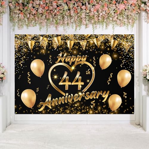 Happy 44th Anniversary Backdrop Party Decorations, Black Gold Glitter Bokeh Dots Valentine's Day Wedding Anniversary Party Photo Background Cake Table Banner Extra Large Wall Decor Props. 6 * 4ft (44) - color: 44
