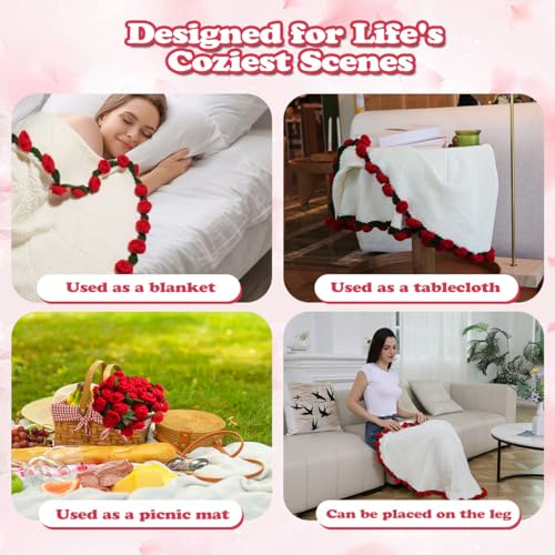 Rose Crochet Flower Bouquet Blanket, Handmade Knitted Throw Blanket - color: White, size: Medium
