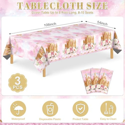 3 Pack Princess Tablecloths, Disposable Pink Rose Castle Themed Table Cloth - color: Rose Castle