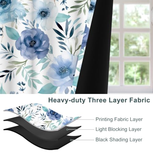 Blue Floral & Leaf Thermal Blackout Curtains 84 Inch Length 2 Panels Set - color: Floral-d