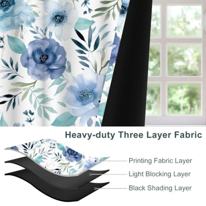 Blue Floral & Leaf Thermal Blackout Curtains 84 Inch Length 2 Panels Set - color: Floral-d