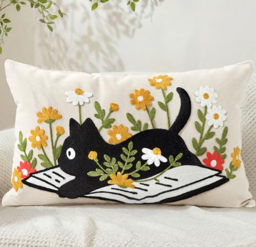 Animal Embroidered Lumbar Pillow Cover 20x12 Inch, Cat Floral - color: Cat Book, size: 20" x 12" (Pack of 1)