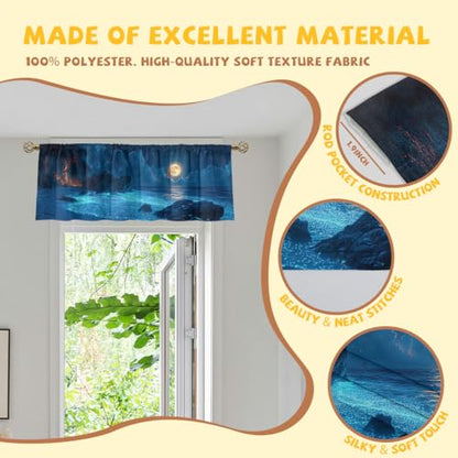 Beach Curtain Valance for Windows 2 Pack Moon Star Sky Blue Wave Rod Pocket Window Treatments Short Curtains for Kitchen Windows Bathroom Bedroom 54x18 Inch - color: Beach