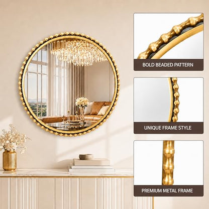 30" Round Bathroom Mirror, Antique Gold Bold Beaded Frame