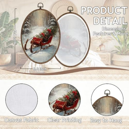FLAWAFLOMA Winter Red Santa Sleigh Oval Canvas Wall Art Decor 8.6x11.4 Inch - color: Christmas-15