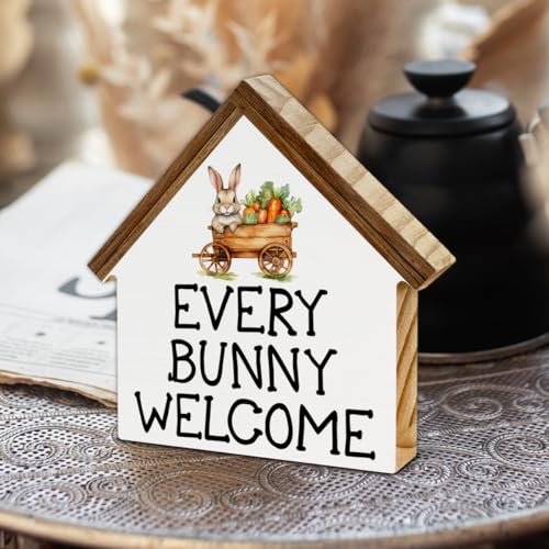 Easter Home Decor, Every Bunny Welcome House Shaped Wood Block Sign - color: bunny