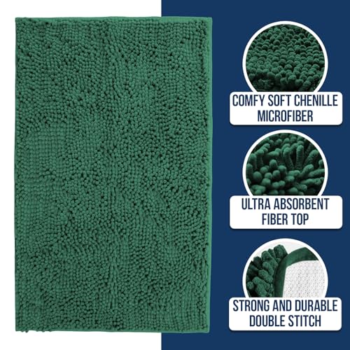Muddy Mat® | Chenille Bathroom Rugs Quick Dry Microfiber Mats Non Slip Washable, Extra Thick, Soft and Highly Absorbent Bath Mats for Bathroom, Kitchen, and Shower Floor - Dark Green 19"x30" - color: Dark Green, size: 19" x 30"
