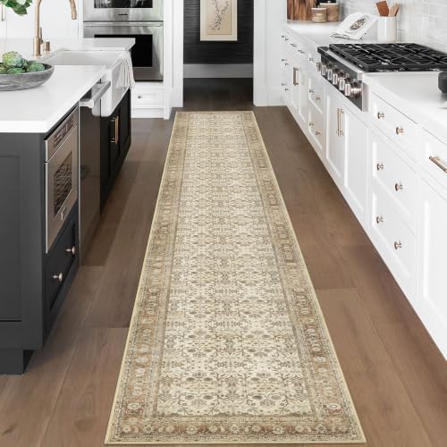 SIILOOM 2.6x18 Washable Runner Rug, Non Slip Area Rug for Hallway Kitchen - color: Beige/Brown, size: 2'7" x 18' (Runner)
