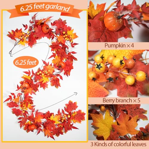 Fall Garland with Lights Timer 6.2FT Autumn Garlands Maple Leaves Pumpkin Berry Garlands, Fall Leaf Garland for Mantle Thanksgiving Harvest Christmas Decor for Table Fireplace Wall FrontDoor - color: Mixed Red