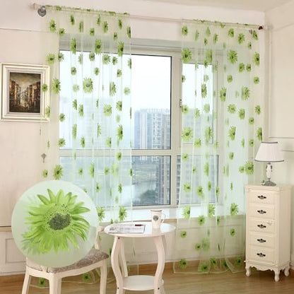 Ufurty 2pcs Sunflower Window Curtain Green Floral Voile Sheer Curtains - color: Green Flower, size: 39.4"W x 78.7"L (Pack of 2)