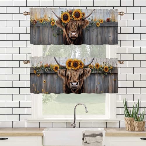 Highland Cow Sunflower Valances Curtains for Kitchen Windows 2 Pack Brown Hair Cattle Valance for Bedroom Living Room Bathroom Rod Pocket Window Curtains Window Treatment Valances 54x18 inch - color: Highland Cow Sunflower