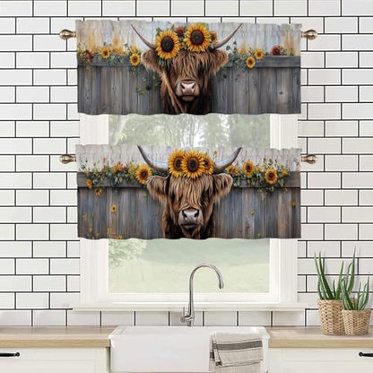 Highland Cow Sunflower Valances Curtains for Kitchen Windows 2 Pack Brown Hair Cattle Valance for Bedroom Living Room Bathroom Rod Pocket Window Curtains Window Treatment Valances 54x18 inch - color: Highland Cow Sunflower