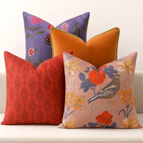 Embroidered Bold Patterned Throw Pillow Covers, 4 Pack Set, 18x18 Inch Floral Printed Modern Accent Pillow Covers - color: Floral
