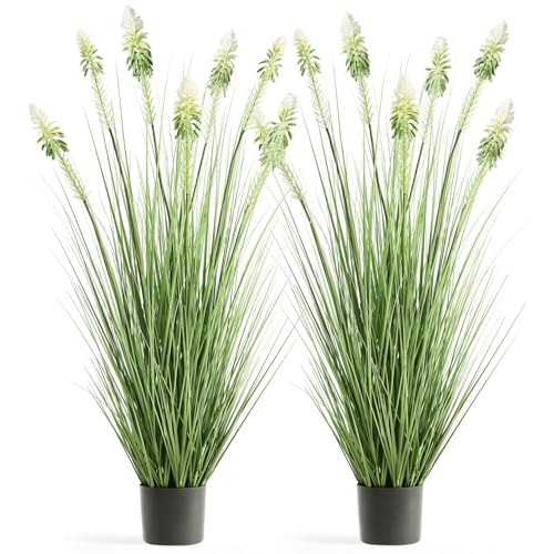 4ft 2-Pack Faux Horsetail Reed Grass with White Cockscomb Flower in Pot - color: White