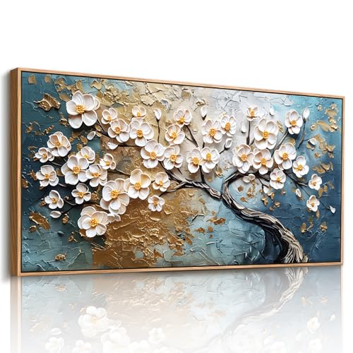 imjiayu White Floral Tree Canvas Wall Art, Blue Gold Textured Picture Decor - color: Plum Tree, size: 40"L x 20"W