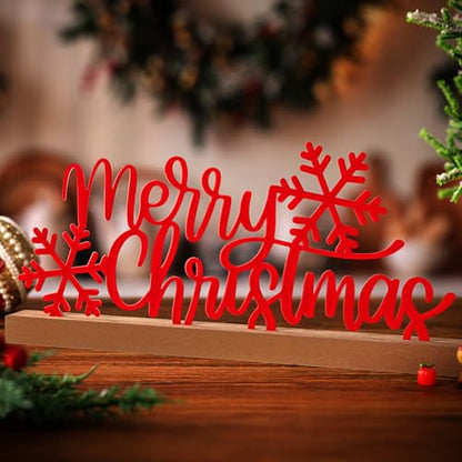 Yaocom 13.78 Inch Merry Christmas Table Sign Xmas Metal Letter Decor Christmas Freestanding Tabletop Decoration with Wooden Base for Home Tiered Tray Centerpiece Mantel Shelf Fireplace - style: Christmas