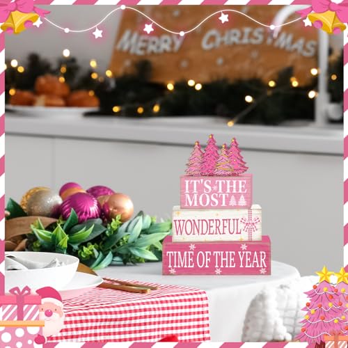 Britimes Pink Christmas Tiered Tray Decor Set, 4 Pack, Wooden Table Sign - style: Christmas Pink Tree
