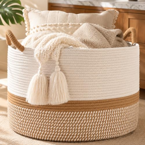 KAKAMAY Large Blanket Basket with Handles, Storage Basket for Living Room - color: Brown