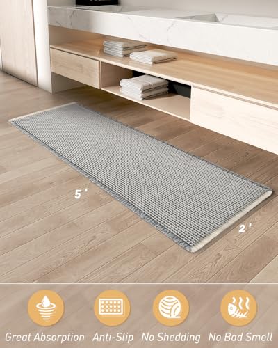 Upgraded Waffle Bath Mat Runner Absorbent Non Slip Bathroom Mat, 2' x 5' - color: Light Grey & Cream, size: 2' x 5'