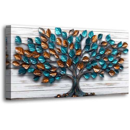 Tree Nature Wall Art Bedroom Abstract Wall Decor Living Room,Tree of Life Canvas Wall Art Office Farmhouse Paintings Artwork Modern Teal Golden Leaves Wall Art Prints Pictures 20 * 40inch - color: Tree Abstract Teal Golden Leaves, size: 40"L x 20"W