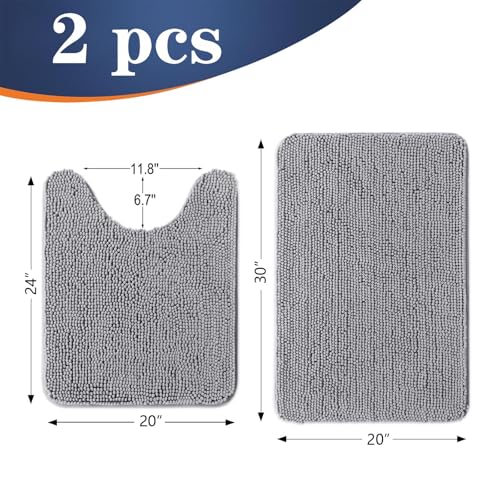 OLANLY Chenille Bathroom Rugs Mats Sets 2 Piece, 30"x20"+24"x20", Grey - color: Grey, size: 30" X 20" + U24" X 20"