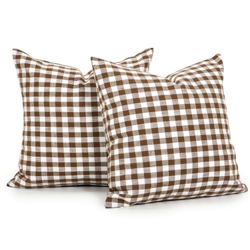 Farmhouse Brown Gingham Plaid Throw Pillow Covers 18x18, Cottage Core Decor - color: Khaki & White Gingham Set of 2, size: 18" x 18" (Pack of 2)