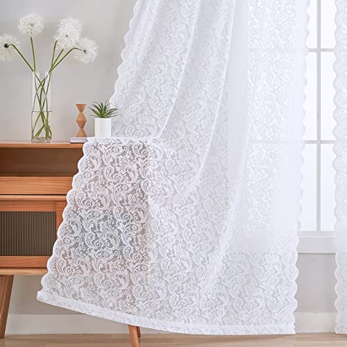 ALIGOGO White Lace Sheer Curtains 54 Inch Length, Rutsic Floral 2 Panels - color: White 1, size: 52"W x 54"L (Pack of 2)
