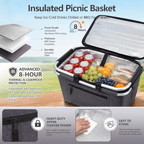 Picnic Basket, SIYUAN Collapsible Market Basket Insulted Cooler with Handles 27L Large Farmers Grocery Basket with Lid Portable Tote Bag, Black - color: Dark Black