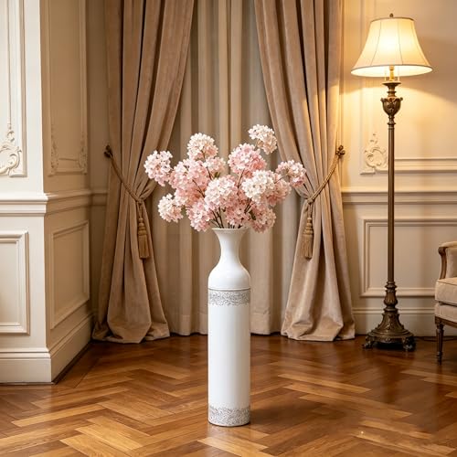 Hosley 24 Inch High White wash Metal Bottle Floor Vase. Ideal for Country Farmhouse Setting, Wedding Gift Special Occasion Home Office Dried Floral Arrangements - color: White
