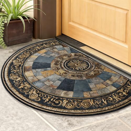 Half Round Door Mat 24"x36", Non-Slip Indoor Entryway Rug, Washable - color: Multicolor-1