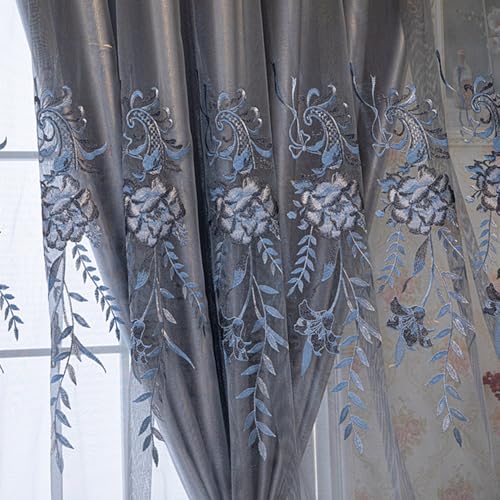 Amidoudou 1 Pair European Double Layer Curtains for Living Room Bedroom Luxury Peacock Flower Embroidered Curtains with Valance (Grey,51x84 Inch) - color: Grey, size: 51"W x 84"L (Pack of 2)
