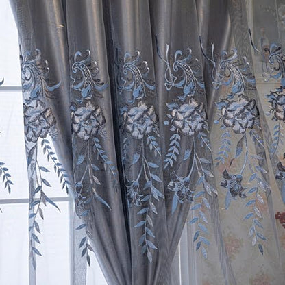Amidoudou 1 Pair European Double Layer Curtains for Living Room Bedroom Luxury Peacock Flower Embroidered Curtains with Valance (Grey,51x90 Inch) - color: Grey, size: 51"W x 90"L (Pack of 2)