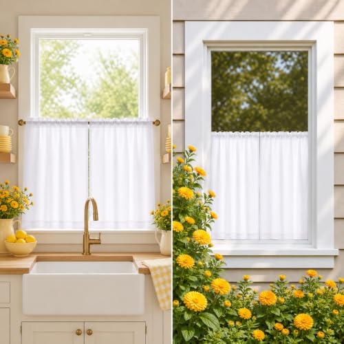 Chyhomenyc White Curtains 30 Inch Length, 2 Panels - color: White, size: 30"W x 30"L (Pack of 2)
