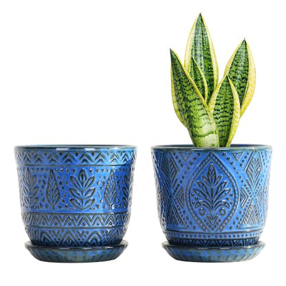 Gepege Ceramic Plant Pots, 6 Inch Indoor Planters with Drainage & Saucers - color: Blue-b, size: 6 Inch - Set of 2