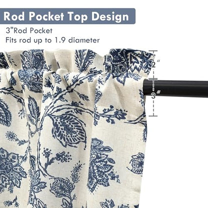DriftAway Freda Jacobean Floral Linen Blend Blackout Thermal Insulated Energy Saving Privacy Window Linen Curtain Valance Rod Pocket 2 Layers Single 52 Inch by 18 Inch Plus 2 Inch Header Navy Beige - color: Navy, size: 52"W x 18"L (Pack of 1)