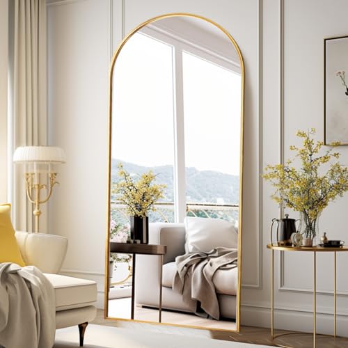 Rowjut Floor Full Length Mirror, Arched Mirrors Full Length 76"x34" Freestanding Large/with Aluminum Frame & Wall Mounted & Hanging or Leaning & Full Body Mirror for Bedroom, (Gold) - color: Gold, size: 76"L x 34"W