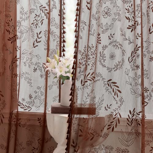 Kotile Brown Sheer Curtains 63 Inch Length, Floral Lace Window Panels - color: Brown, size: 52"W x 63"L (Pack of 2)